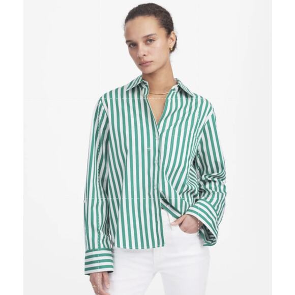 Madewell Poplin Easy Y-Neck Button-Up Shirt WMNS L Green White Sriped NU737 LS - Picture 1 of 8